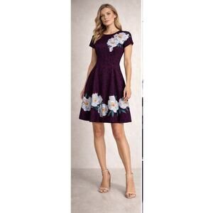 Ted Baker London Plum Leopard Floral Fit & Flare Dress Size 0 / US 2